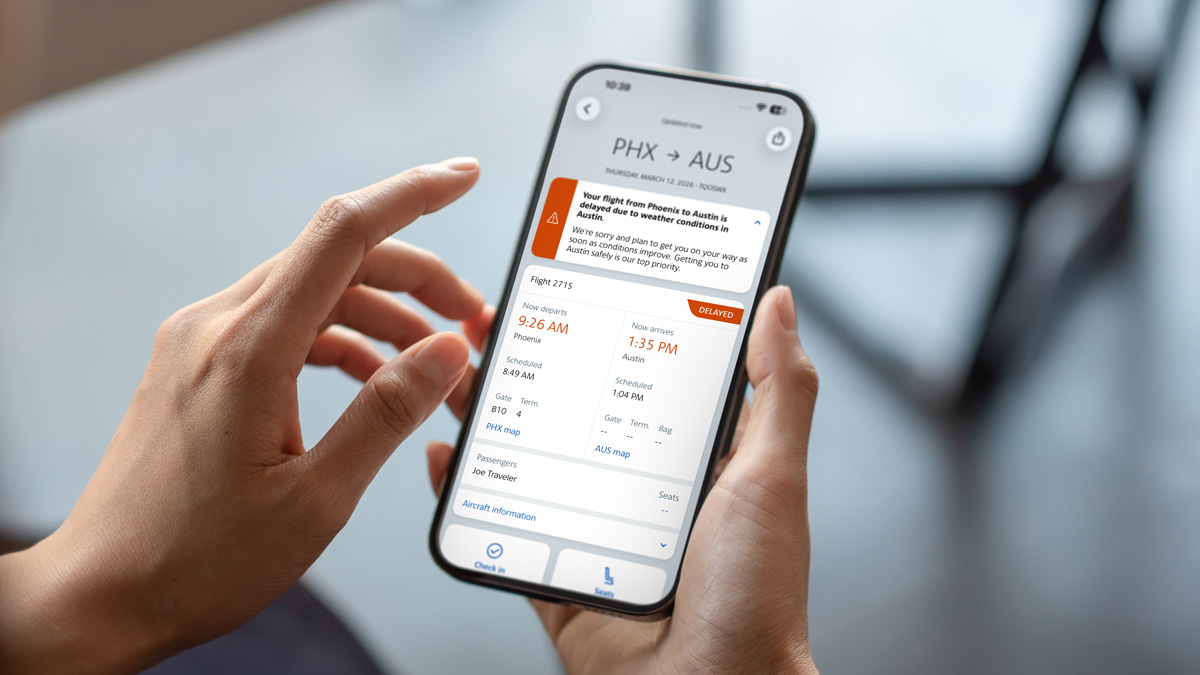 American Airlines app showing flight disruption